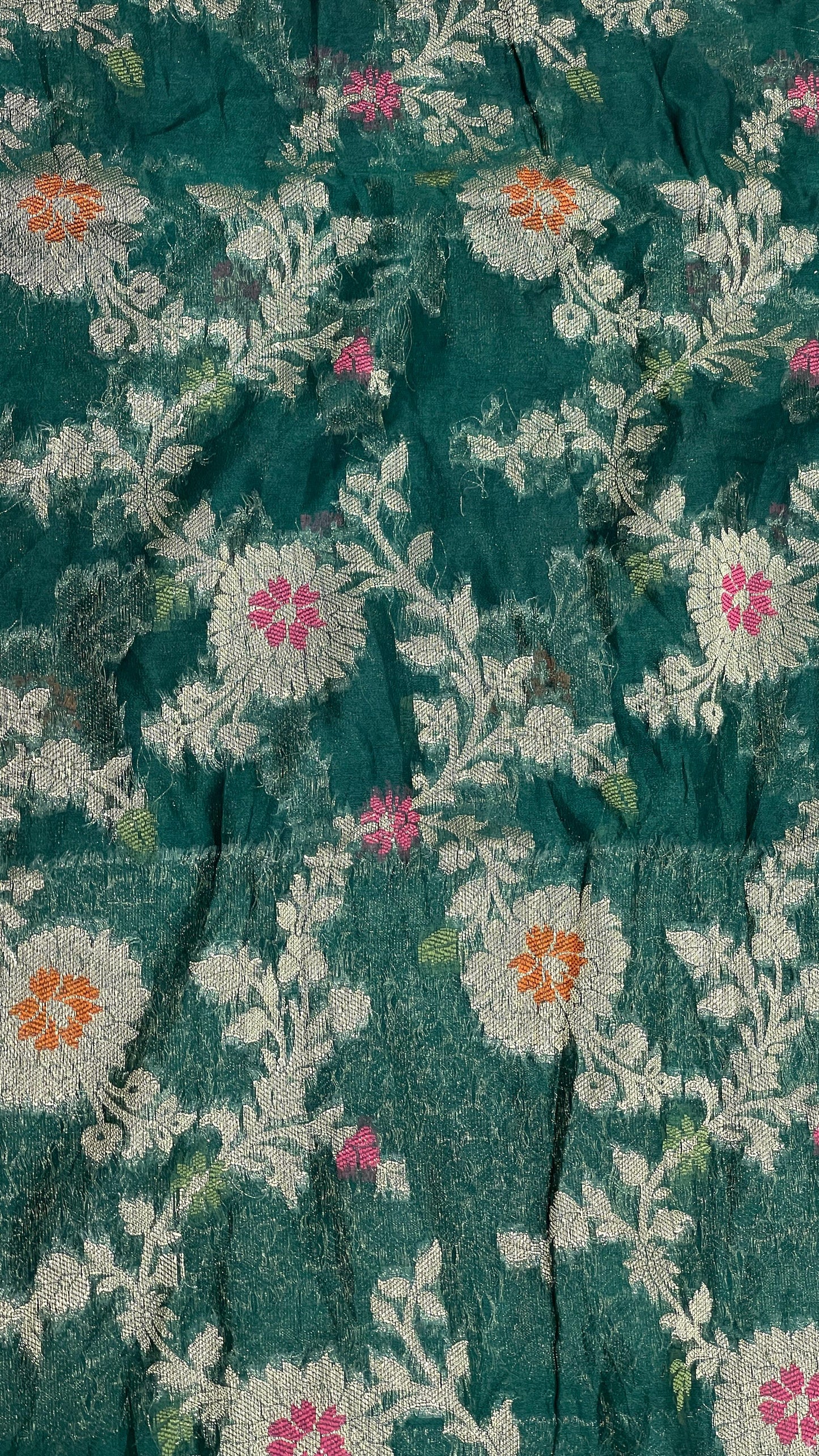 Faishana Presents Dark Green Semi Georgette Tilfi Mina Floral Zari Jaal with Banarasi Floral Pallu and Dark Green Blouse