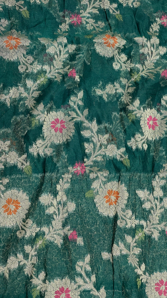 Faishana Presents Dark Green Semi Georgette Tilfi Mina Floral Zari Jaal with Banarasi Floral Pallu and Dark Green Blouse