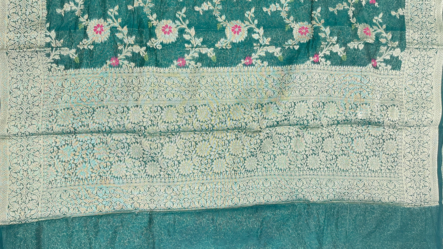 Faishana Presents Dark Green Semi Georgette Tilfi Mina Floral Zari Jaal with Banarasi Floral Pallu and Dark Green Blouse