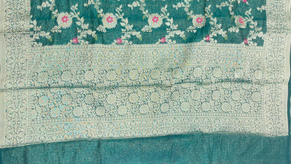 Faishana Presents Dark Green Semi Georgette Tilfi Mina Floral Zari Jaal with Banarasi Floral Pallu and Dark Green Blouse