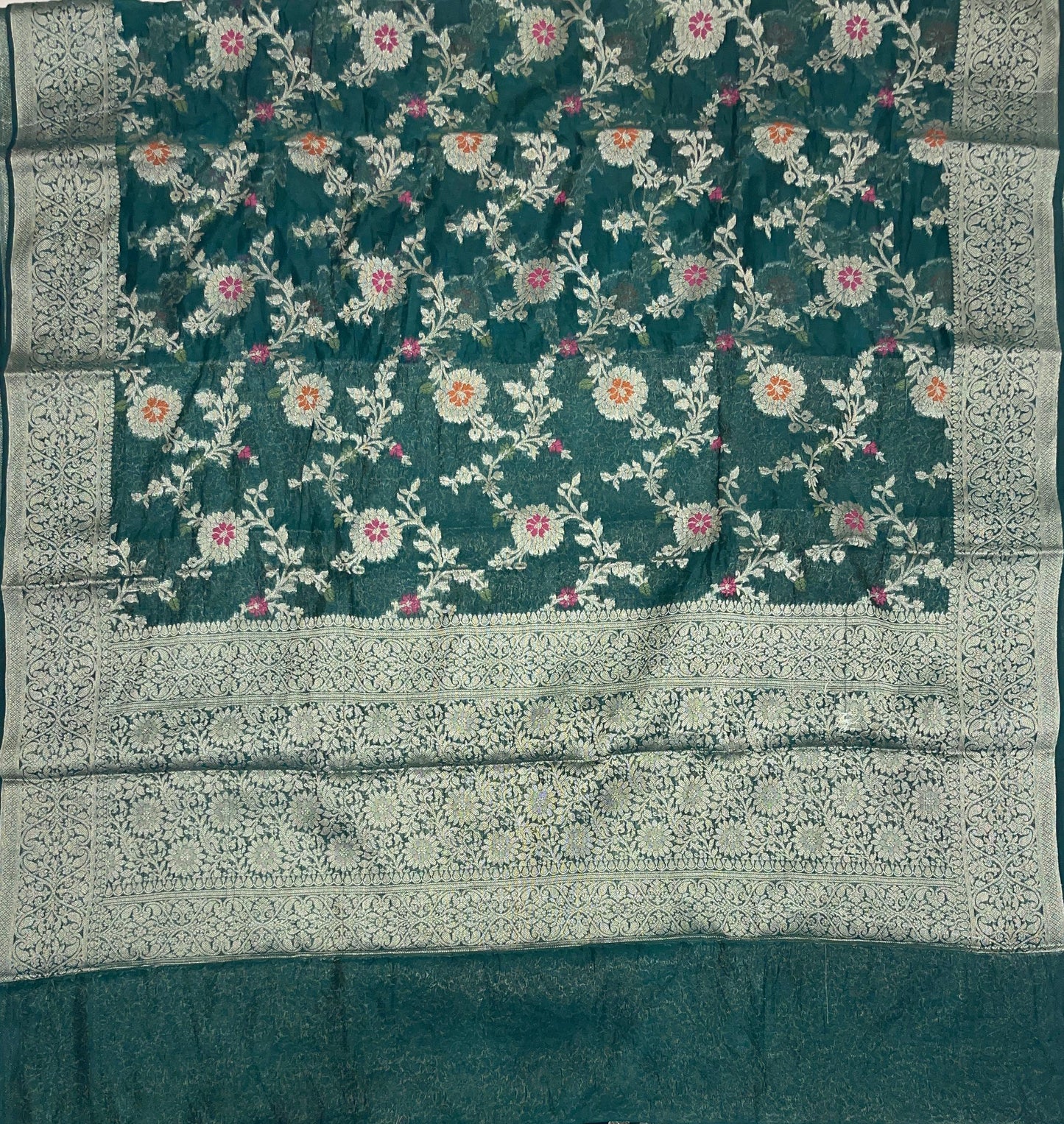 Faishana Presents Dark Green Semi Georgette Tilfi Mina Floral Zari Jaal with Banarasi Floral Pallu and Dark Green Blouse
