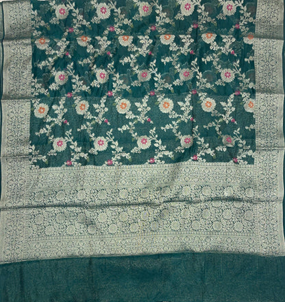 Faishana Presents Dark Green Semi Georgette Tilfi Mina Floral Zari Jaal with Banarasi Floral Pallu and Dark Green Blouse