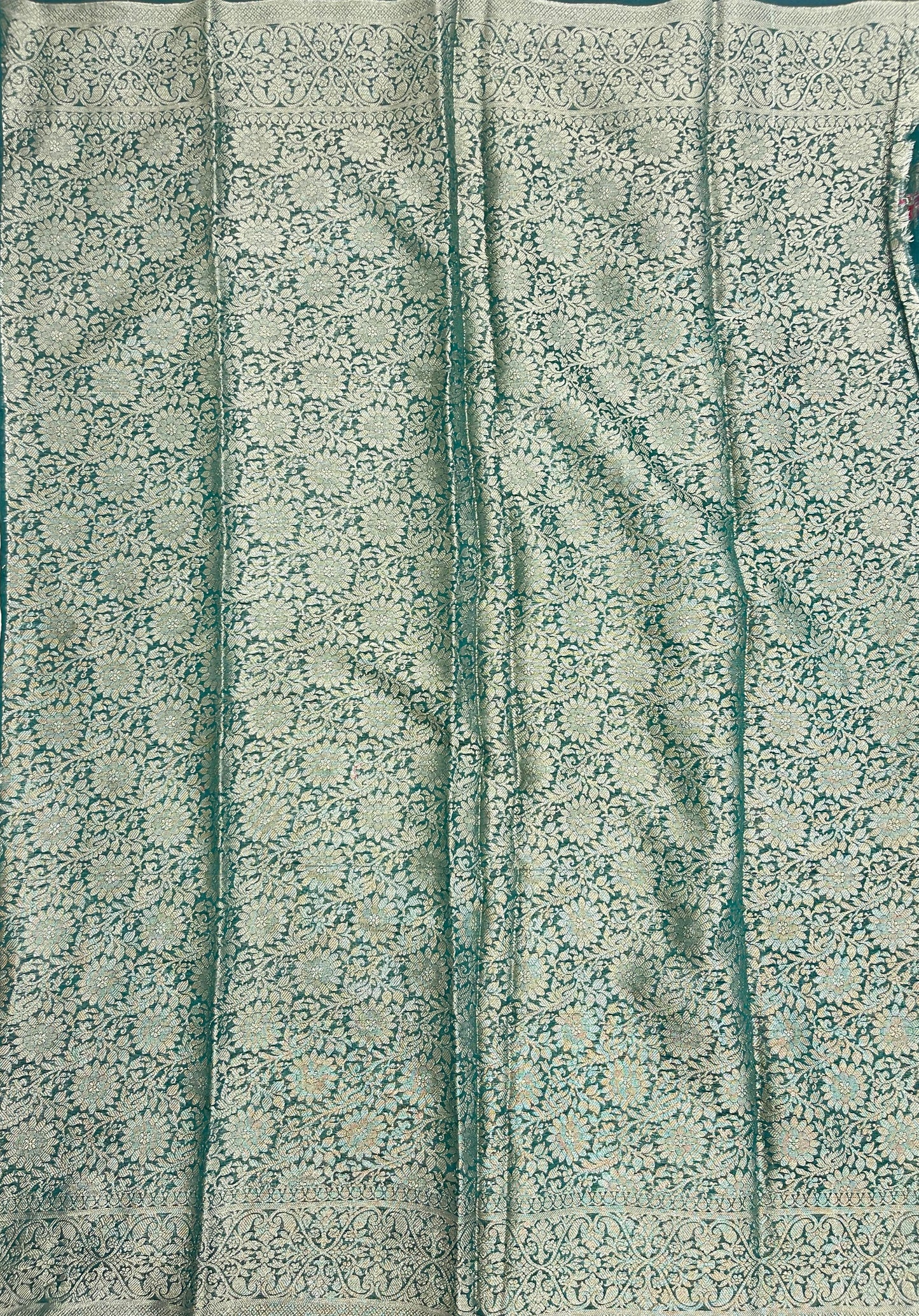 Faishana Presents Dark Green Semi Georgette Tilfi Mina Floral Zari Jaal with Banarasi Floral Pallu and Dark Green Blouse