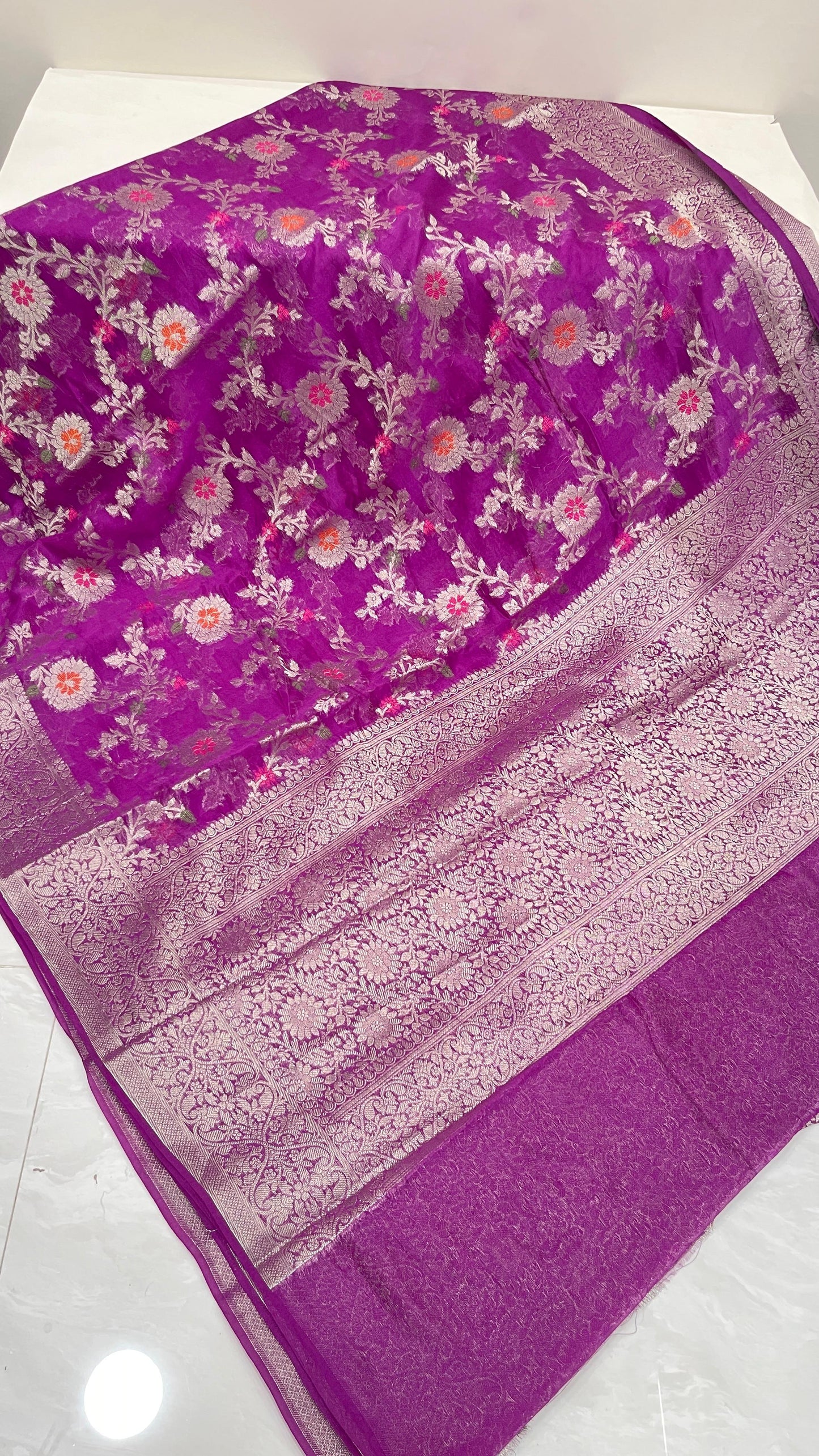 Faishana Presents Purple Semi Georgette Tilfi Mina Floral Zari Jaal with Banarasi Floral Pallu and Purple Blouse
