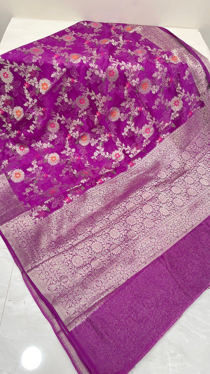 Faishana Presents Purple Semi Georgette Tilfi Mina Floral Zari Jaal with Banarasi Floral Pallu and Purple Blouse