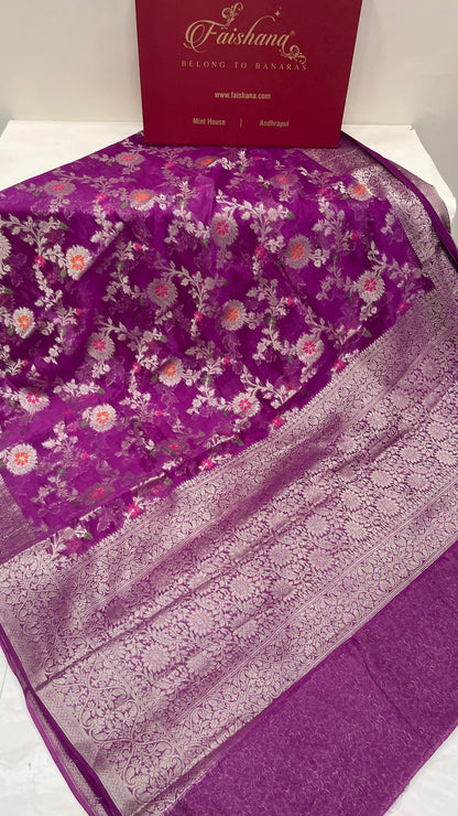 Faishana Presents Purple Semi Georgette Tilfi Mina Floral Zari Jaal with Banarasi Floral Pallu and Purple Blouse