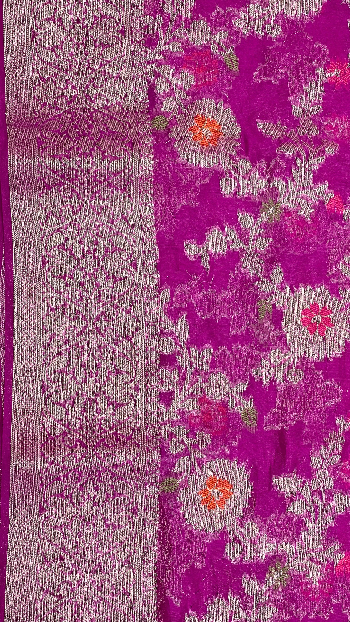Faishana Presents Purple Semi Georgette Tilfi Mina Floral Zari Jaal with Banarasi Floral Pallu and Purple Blouse