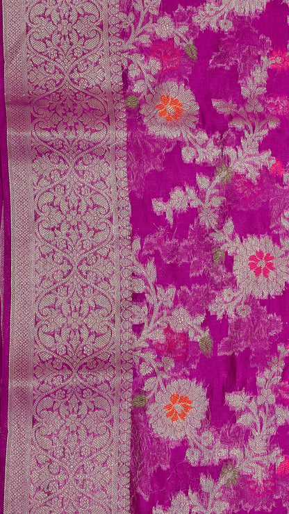 Faishana Presents Purple Semi Georgette Tilfi Mina Floral Zari Jaal with Banarasi Floral Pallu and Purple Blouse