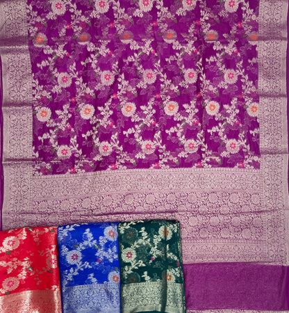 Faishana Presents Purple Semi Georgette Tilfi Mina Floral Zari Jaal with Banarasi Floral Pallu and Purple Blouse