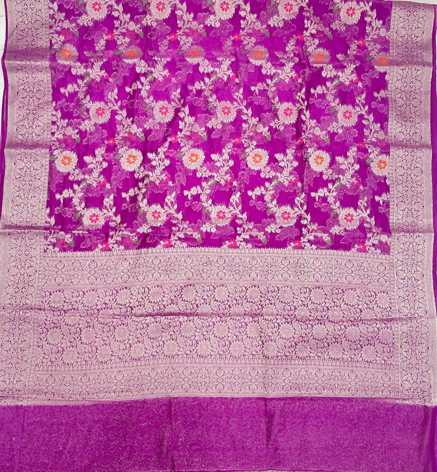 Faishana Presents Purple Semi Georgette Tilfi Mina Floral Zari Jaal with Banarasi Floral Pallu and Purple Blouse