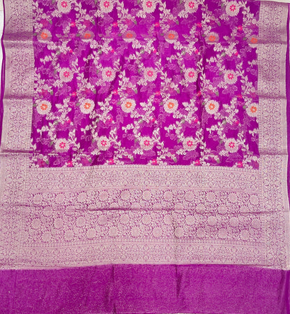 Faishana Presents Purple Semi Georgette Tilfi Mina Floral Zari Jaal with Banarasi Floral Pallu and Purple Blouse