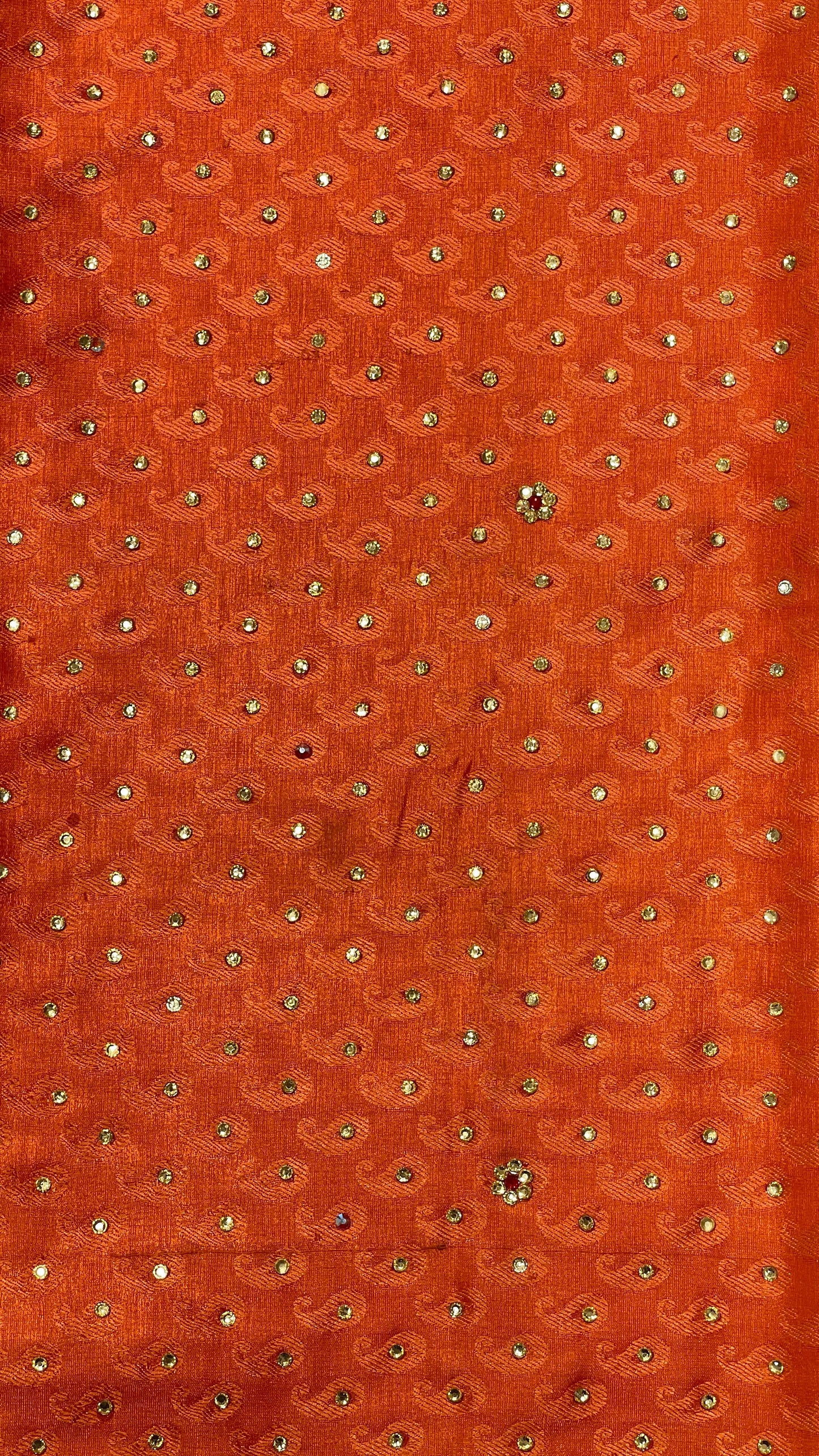 Faishana Presents Orange Tanchoi Silk Low Stone Work with Contrast Blue Pallu Zari Border and Purple Blouse