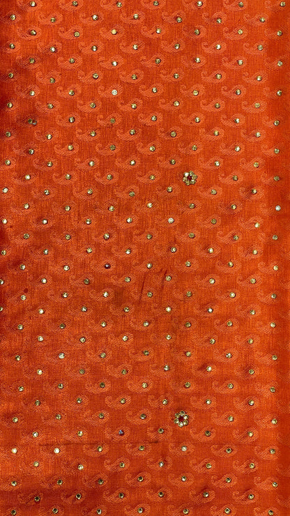 Faishana Presents Orange Tanchoi Silk Low Stone Work with Contrast Blue Pallu Zari Border and Purple Blouse