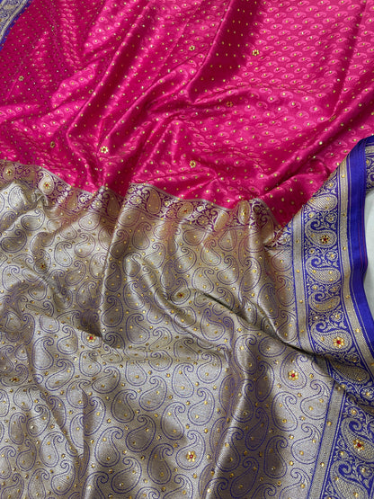 Faishana Presents Turqouise Pink Tanchoi Silk Low Stone Work with Contrast Blue Pallu Zari Border and Purple Blouse