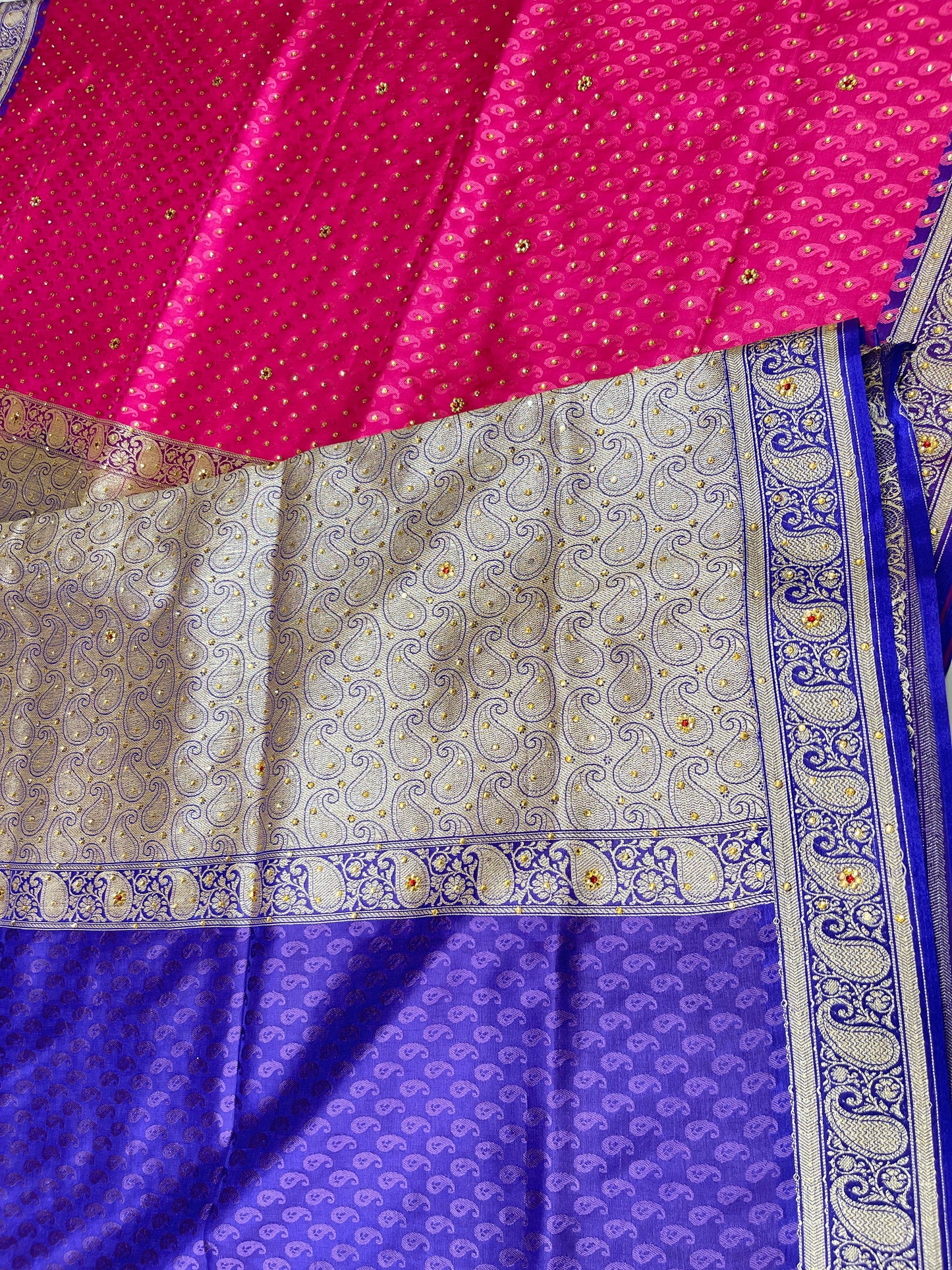 Faishana Presents Turqouise Pink Tanchoi Silk Low Stone Work with Contrast Blue Pallu Zari Border and Purple Blouse