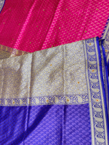 Faishana Presents Turqouise Pink Tanchoi Silk Low Stone Work with Contrast Blue Pallu Zari Border and Purple Blouse