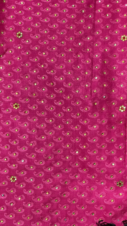 Faishana Presents Turqouise Pink Tanchoi Silk Low Stone Work with Contrast Blue Pallu Zari Border and Purple Blouse