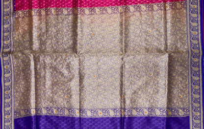 Faishana Presents Turqouise Pink Tanchoi Silk Low Stone Work with Contrast Blue Pallu Zari Border and Purple Blouse