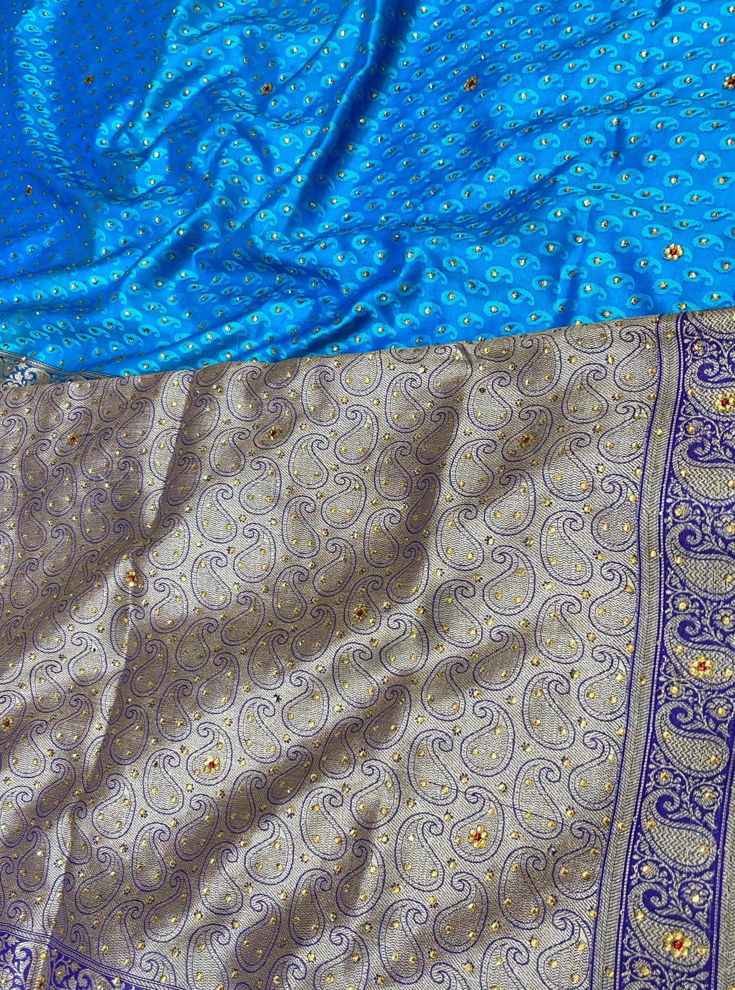 Faishana Presents Blue Tanchoi Silk Low Stone Work with Contrast Purple Pallu Zari Border Saree and Blue Blouse