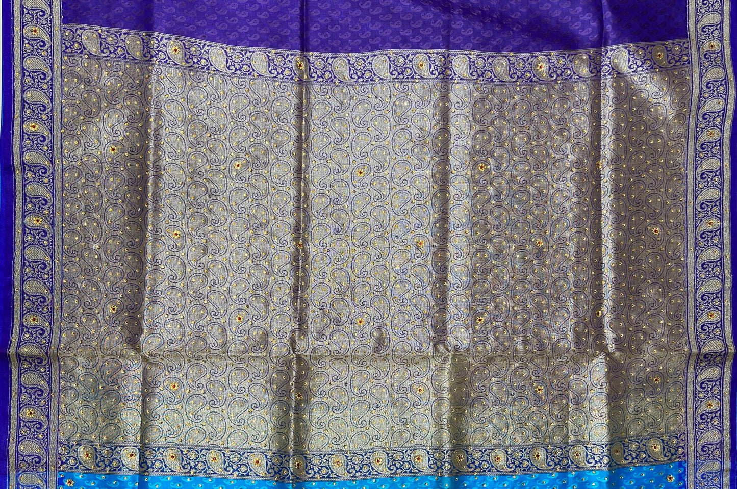 Faishana Presents Blue Tanchoi Silk Low Stone Work with Contrast Purple Pallu Zari Border Saree and Blue Blouse