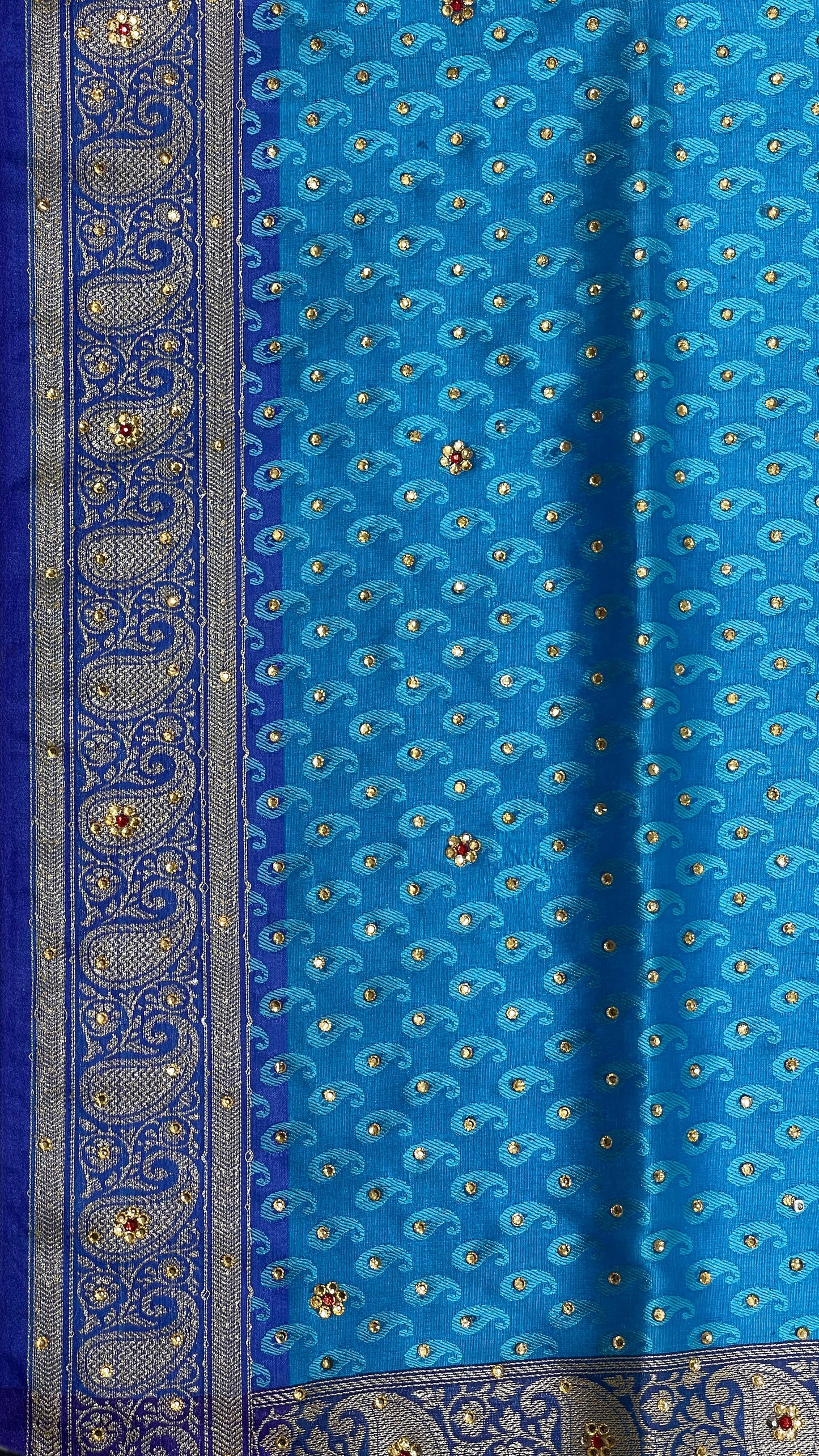 Faishana Presents Blue Tanchoi Silk Low Stone Work with Contrast Purple Pallu Zari Border Saree and Blue Blouse