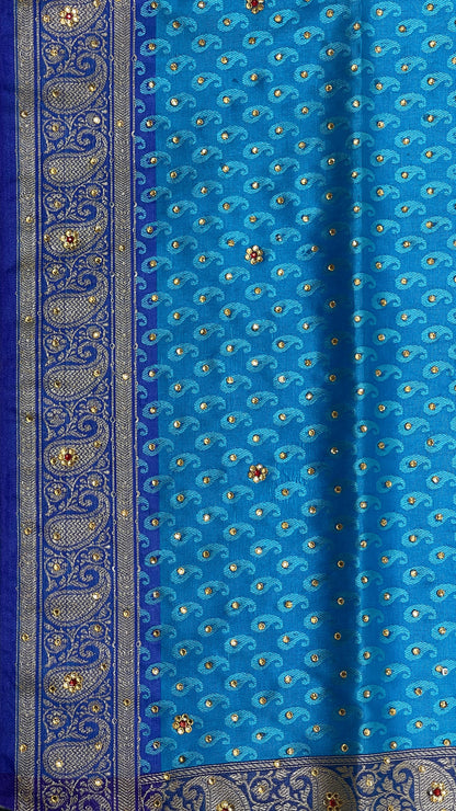 Faishana Presents Blue Tanchoi Silk Low Stone Work with Contrast Purple Pallu Zari Border Saree and Blue Blouse