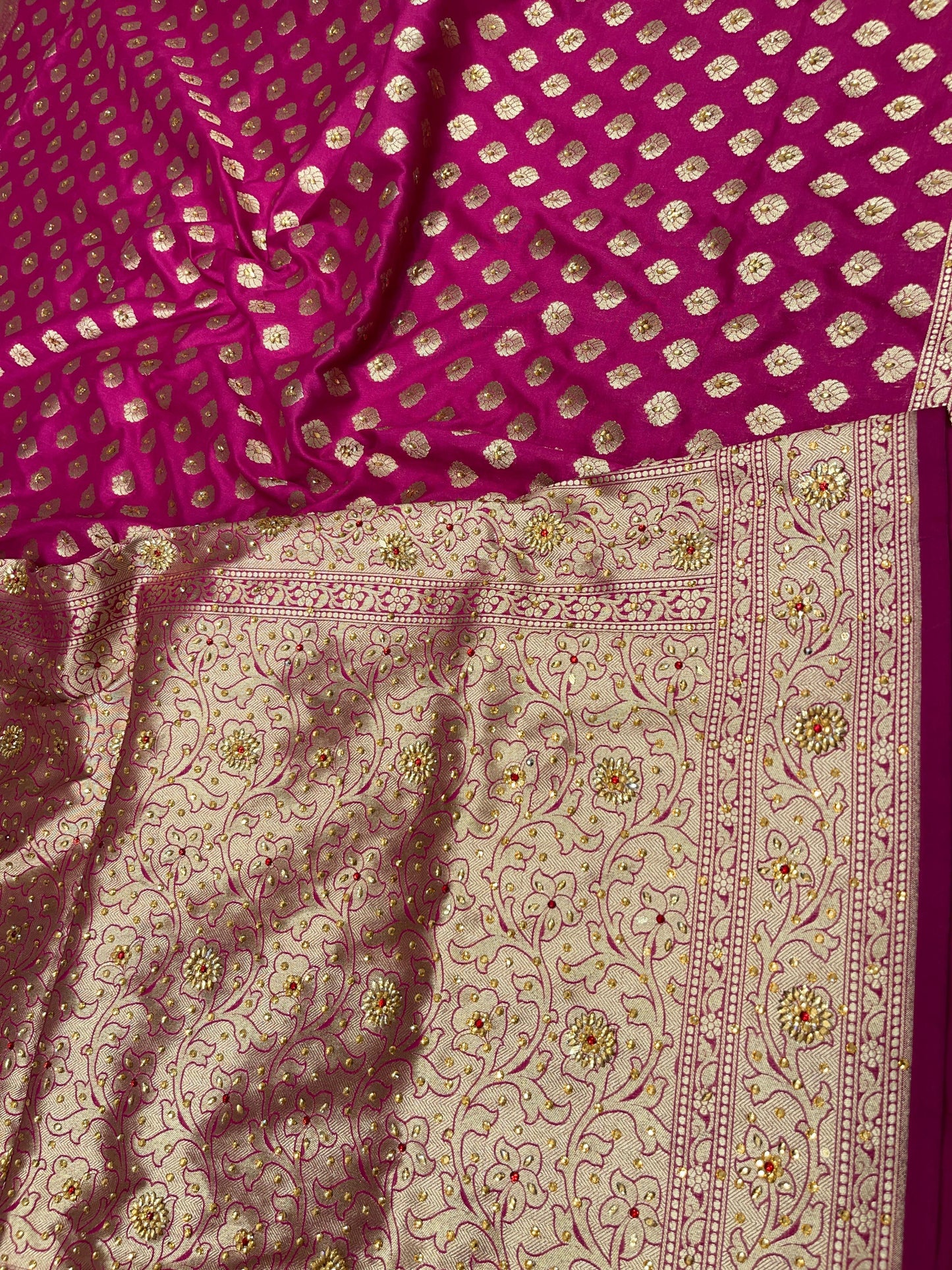 Faishana Presents Magenta Satin Silk Floral Zari Booti Heavy Stone Work Banarasi Saree with Lehariya Pallu and Magenta Blouse