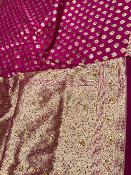 Faishana Presents Magenta Satin Silk Floral Zari Booti Heavy Stone Work Banarasi Saree with Lehariya Pallu and Magenta Blouse