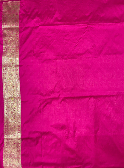 Faishana Presents Magenta Satin Silk Floral Zari Booti Heavy Stone Work Banarasi Saree with Lehariya Pallu and Magenta Blouse