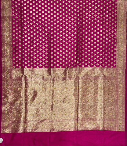 Faishana Presents Magenta Satin Silk Floral Zari Booti Heavy Stone Work Banarasi Saree with Lehariya Pallu and Magenta Blouse
