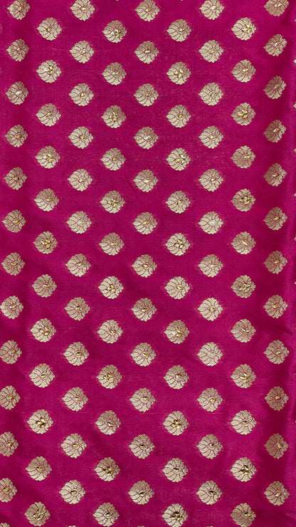 Faishana Presents Magenta Satin Silk Floral Zari Booti Heavy Stone Work Banarasi Saree with Lehariya Pallu and Magenta Blouse