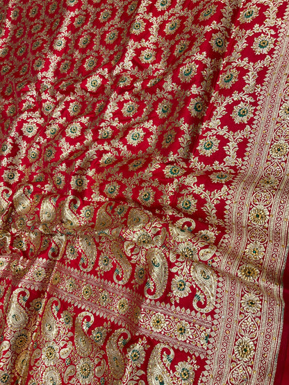 Faishana Presents Red Satin Silk Floral Mina Zari Jaal Low Stone Work Saree with Paisley Floral Pallu and Red Blouse