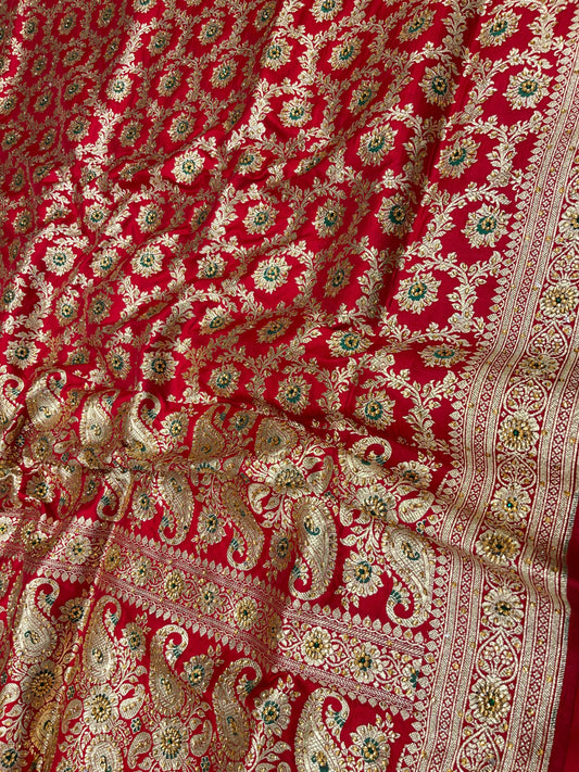 Faishana Presents Red Satin Silk Floral Mina Zari Jaal Low Stone Work Saree with Paisley Floral Pallu and Red Blouse