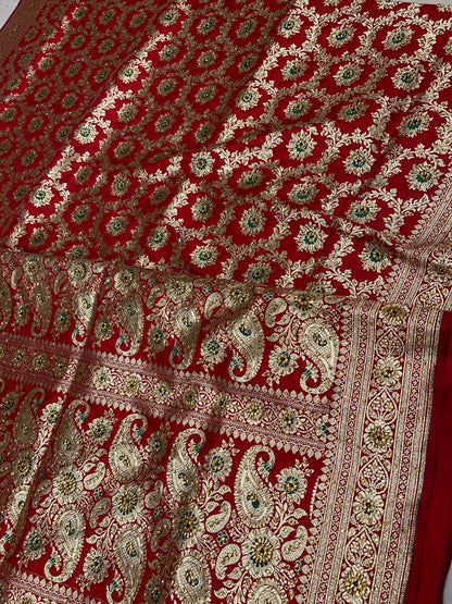 Faishana Presents Red Satin Silk Floral Mina Zari Jaal Low Stone Work Saree with Paisley Floral Pallu and Red Blouse
