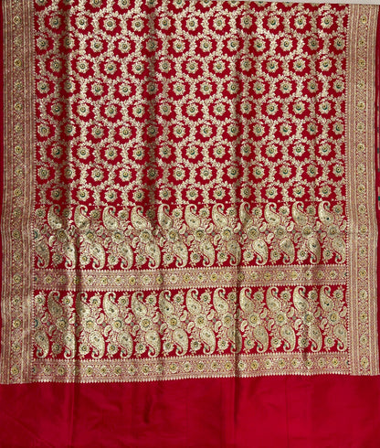 Faishana Presents Red Satin Silk Floral Mina Zari Jaal Low Stone Work Saree with Paisley Floral Pallu and Red Blouse