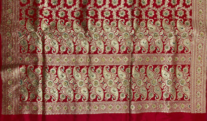 Faishana Presents Red Satin Silk Floral Mina Zari Jaal Low Stone Work Saree with Paisley Floral Pallu and Red Blouse