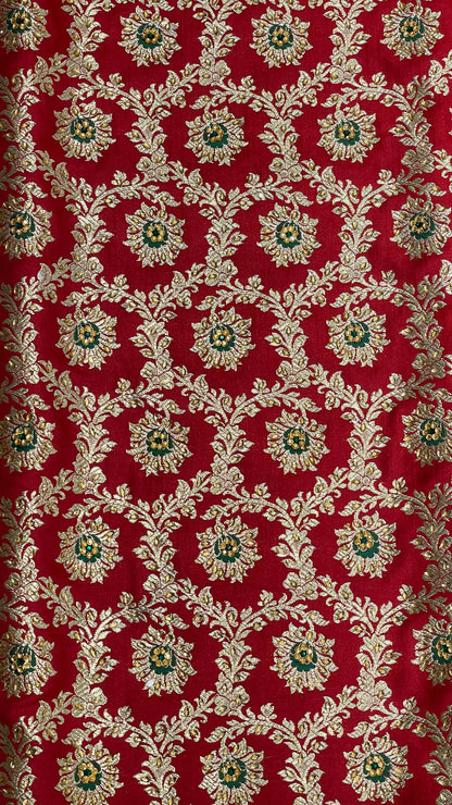 Faishana Presents Red Satin Silk Floral Mina Zari Jaal Low Stone Work Saree with Paisley Floral Pallu and Red Blouse