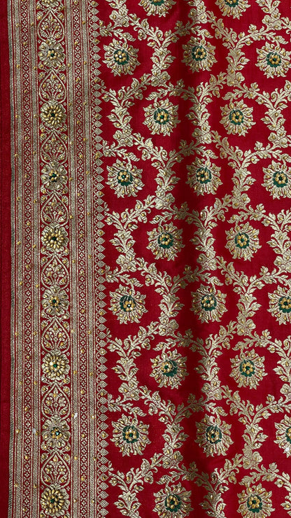 Faishana Presents Red Satin Silk Floral Mina Zari Jaal Low Stone Work Saree with Paisley Floral Pallu and Red Blouse