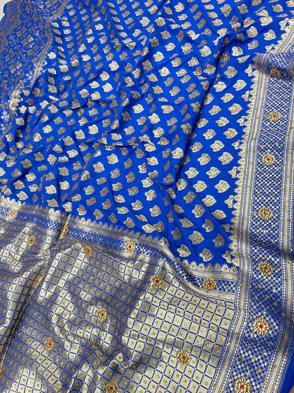 Faishana Presents Blue Satin Silk Floral Zari Booti Low Stone Work Banarasi Saree with Checkered Pallu Skirt Zari Border and Blue Blouse