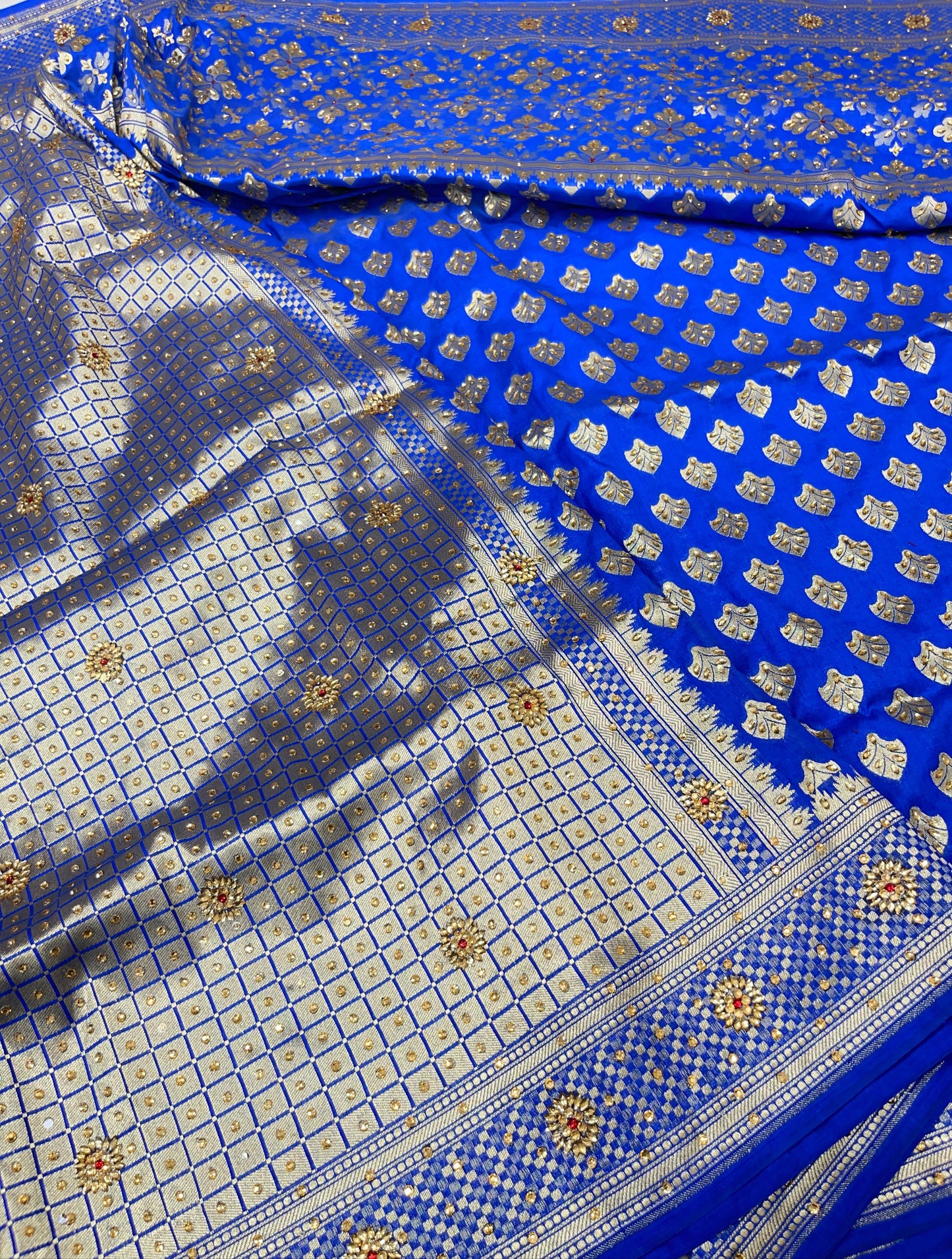 Faishana Presents Blue Satin Silk Floral Zari Booti Low Stone Work Banarasi Saree with Checkered Pallu Skirt Zari Border and Blue Blouse