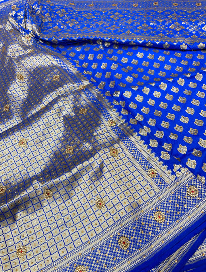 Faishana Presents Blue Satin Silk Floral Zari Booti Low Stone Work Banarasi Saree with Checkered Pallu Skirt Zari Border and Blue Blouse