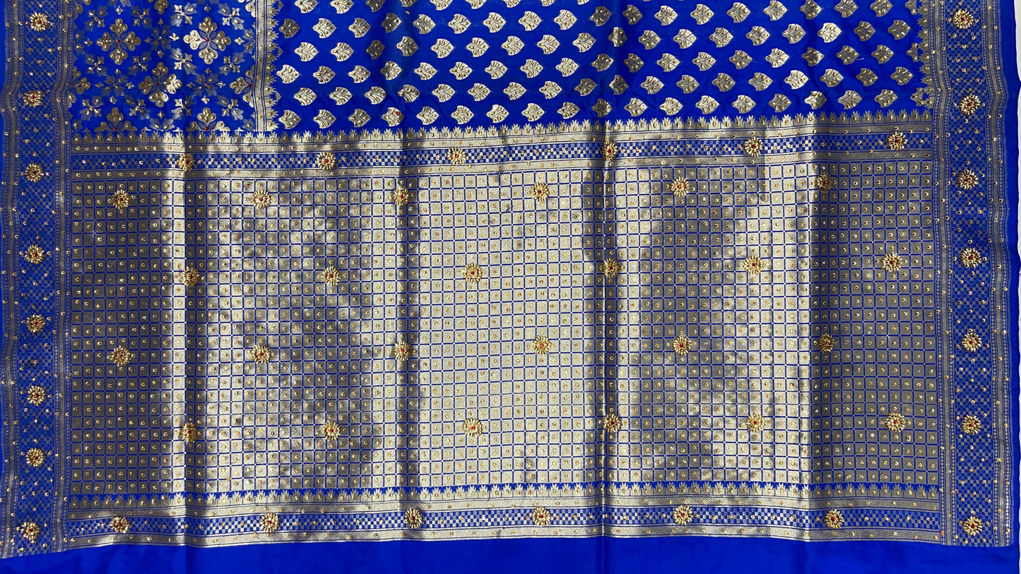 Faishana Presents Blue Satin Silk Floral Zari Booti Low Stone Work Banarasi Saree with Checkered Pallu Skirt Zari Border and Blue Blouse