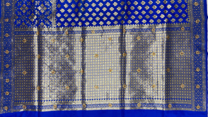 Faishana Presents Blue Satin Silk Floral Zari Booti Low Stone Work Banarasi Saree with Checkered Pallu Skirt Zari Border and Blue Blouse