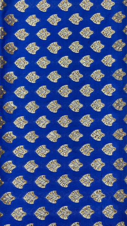 Faishana Presents Blue Satin Silk Floral Zari Booti Low Stone Work Banarasi Saree with Checkered Pallu Skirt Zari Border and Blue Blouse