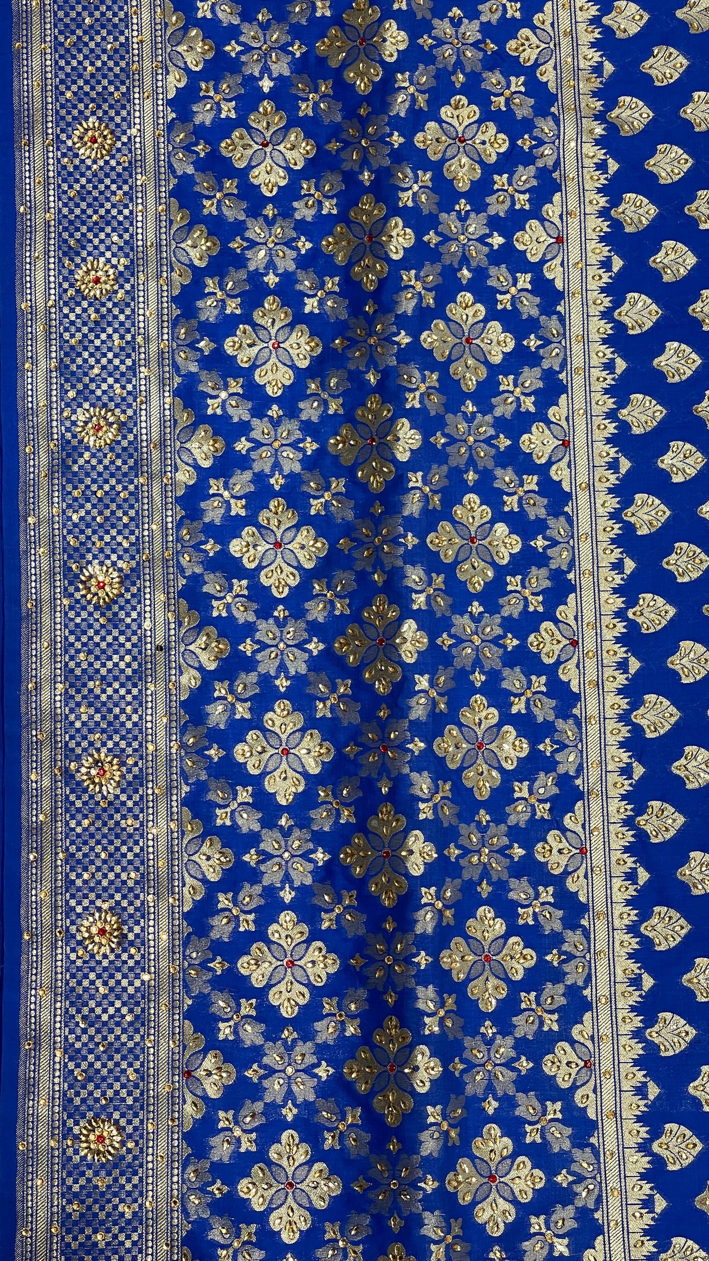 Faishana Presents Blue Satin Silk Floral Zari Booti Low Stone Work Banarasi Saree with Checkered Pallu Skirt Zari Border and Blue Blouse