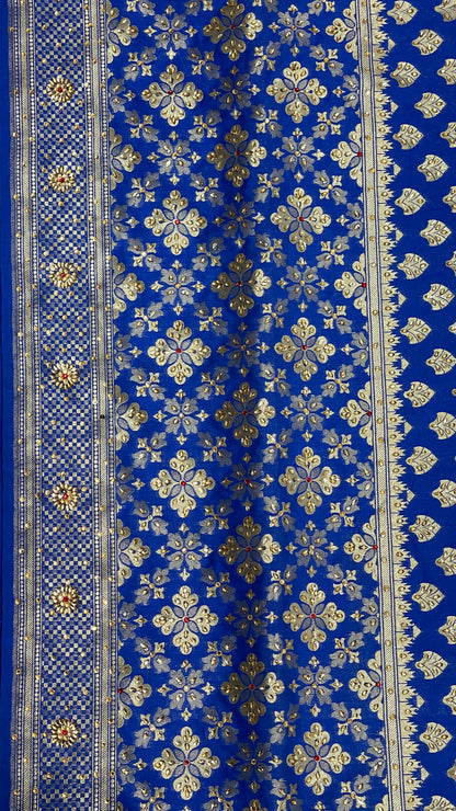 Faishana Presents Blue Satin Silk Floral Zari Booti Low Stone Work Banarasi Saree with Checkered Pallu Skirt Zari Border and Blue Blouse