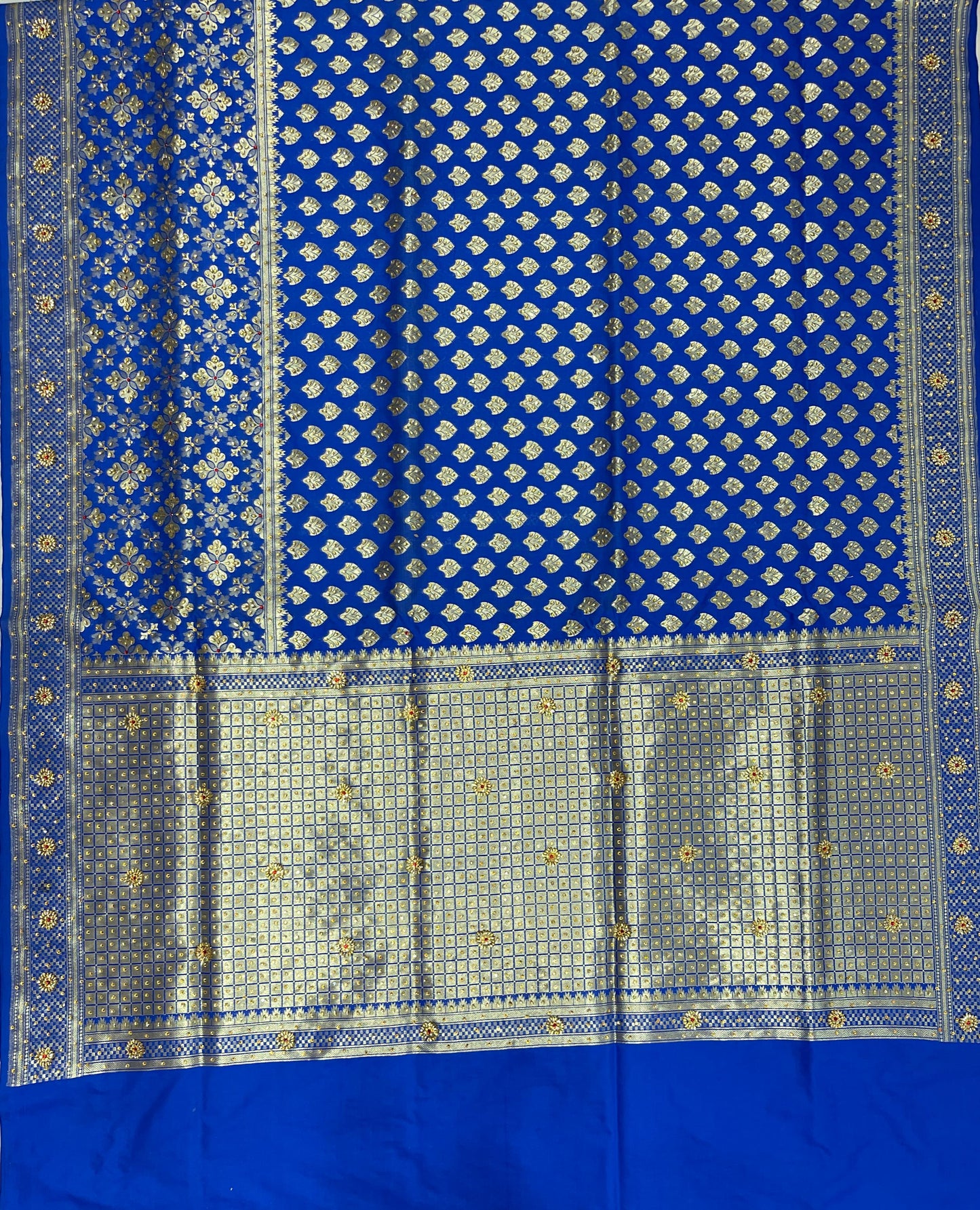 Faishana Presents Blue Satin Silk Floral Zari Booti Low Stone Work Banarasi Saree with Checkered Pallu Skirt Zari Border and Blue Blouse