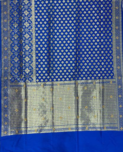 Faishana Presents Blue Satin Silk Floral Zari Booti Low Stone Work Banarasi Saree with Checkered Pallu Skirt Zari Border and Blue Blouse