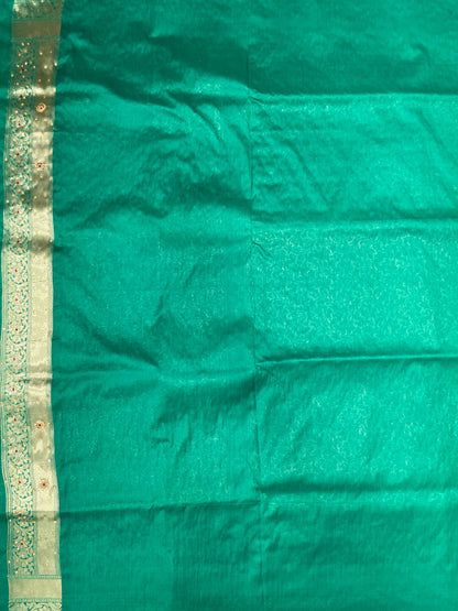 Faishana Presents Green Satin Silk Floral Zari Jaal Low Stone Work Banarasi Saree with Lehariya Pallu and Green Blouse