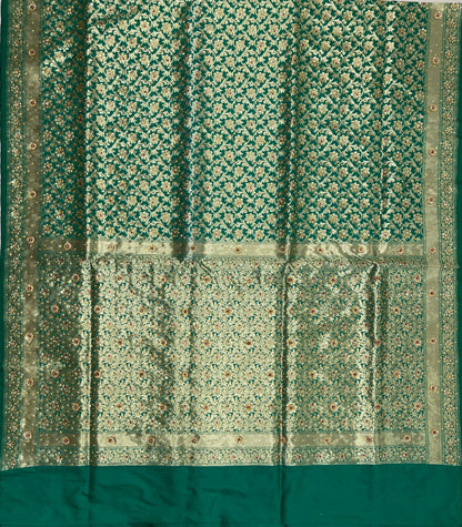 Faishana Presents Green Satin Silk Floral Zari Jaal Low Stone Work Banarasi Saree with Lehariya Pallu and Green Blouse